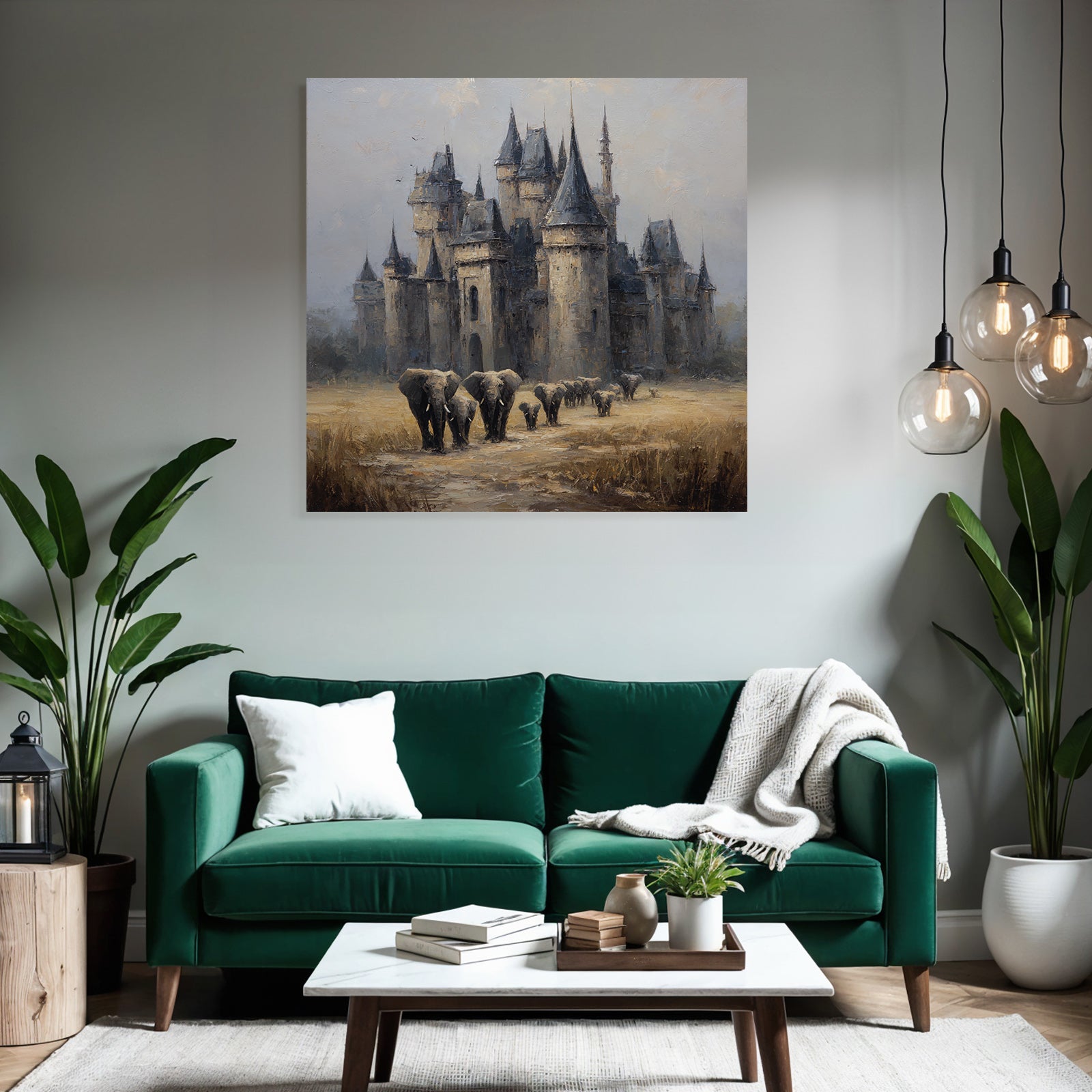 Majestätisches Schloss Mit Elefanten Impressionistische Malerei