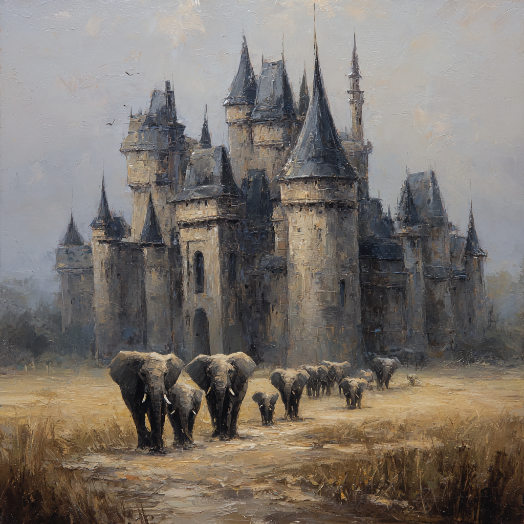 Majestätisches Schloss Mit Elefanten Impressionistische Malerei | Safari und Wildtiere | Tiere