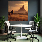 Majestic Lion Looking Towards A Castle At Sunset In Open Landscape
