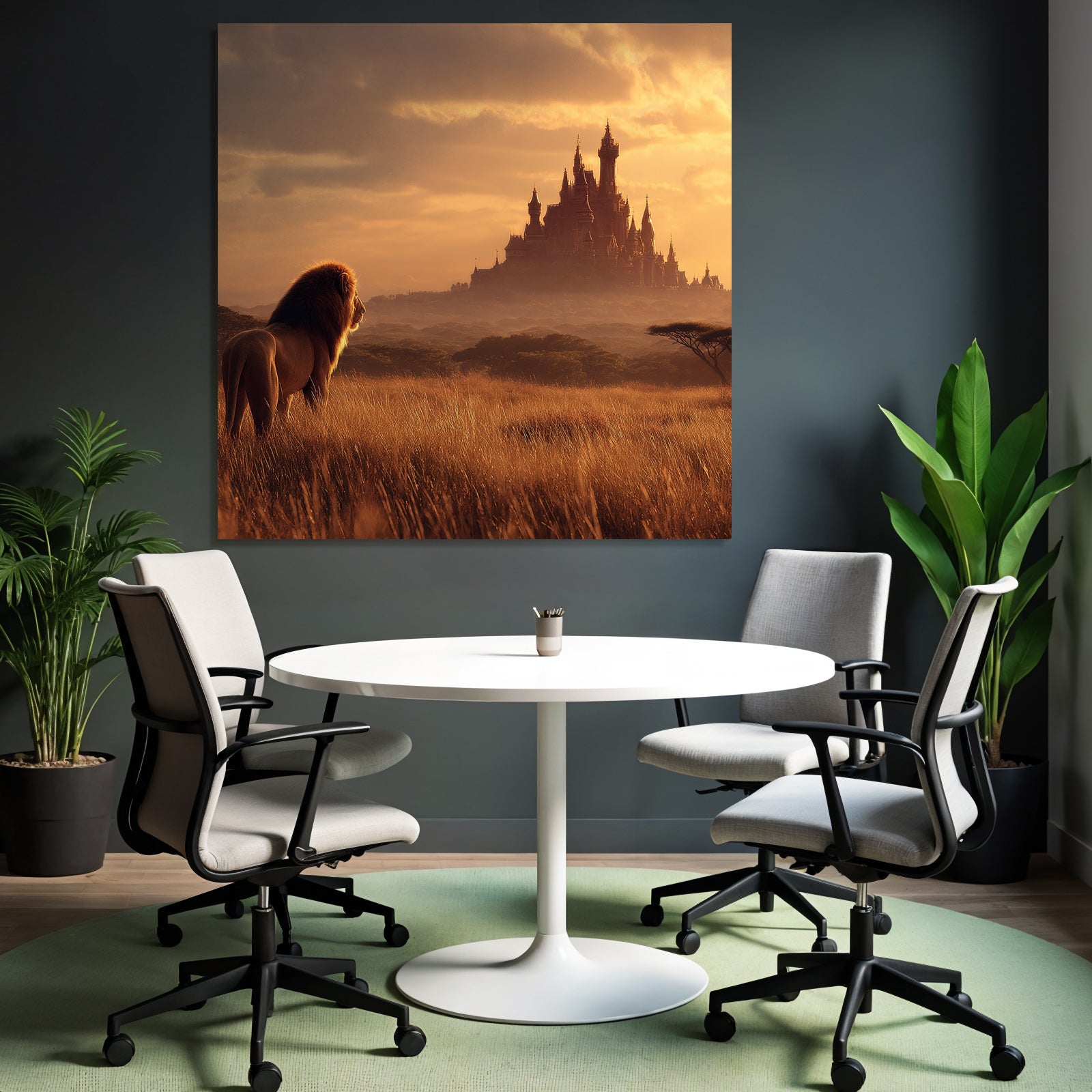 Majestic Lion Looking Towards A Castle At Sunset In Open Landscape