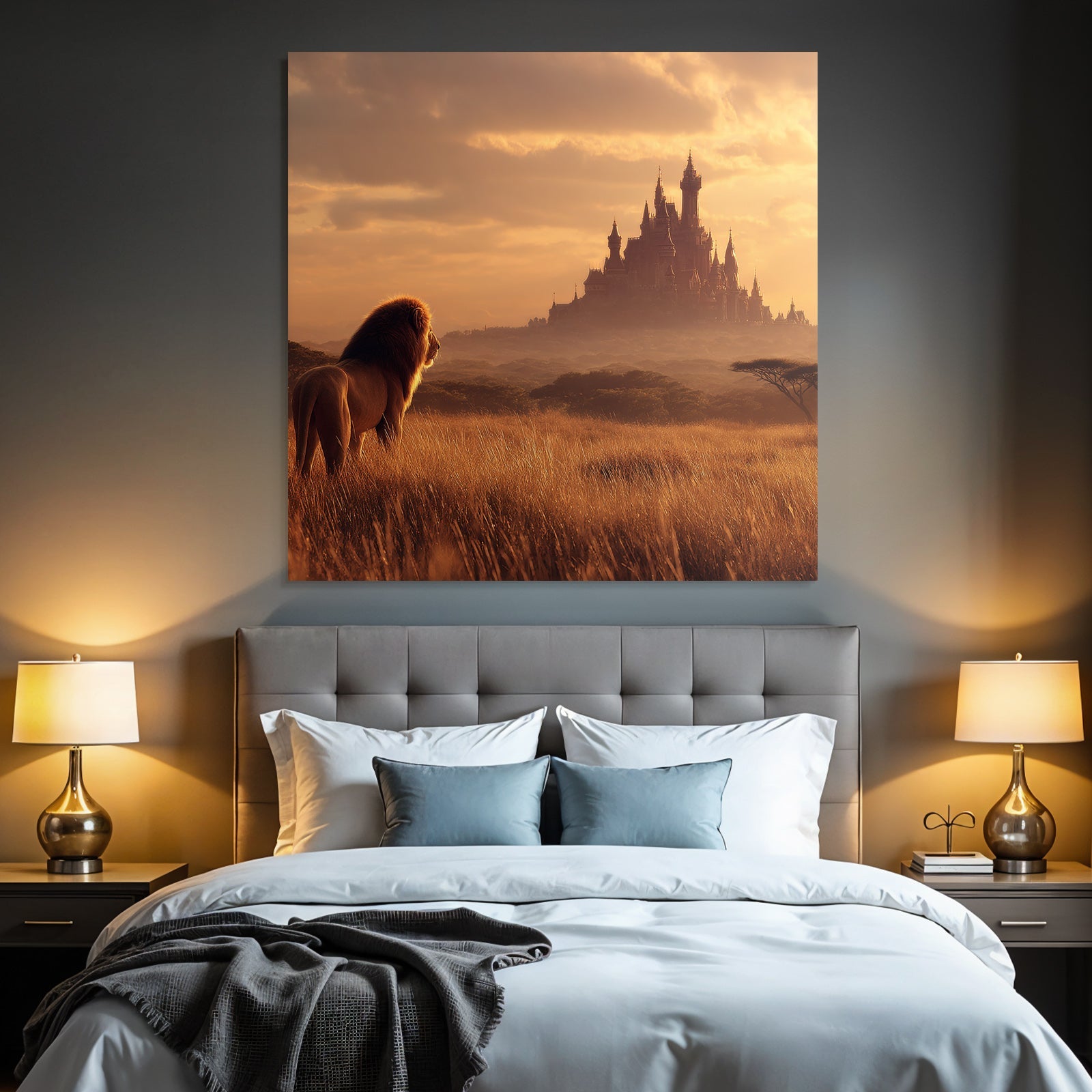 Majestic Lion Looking Towards A Castle At Sunset In Open Landscape