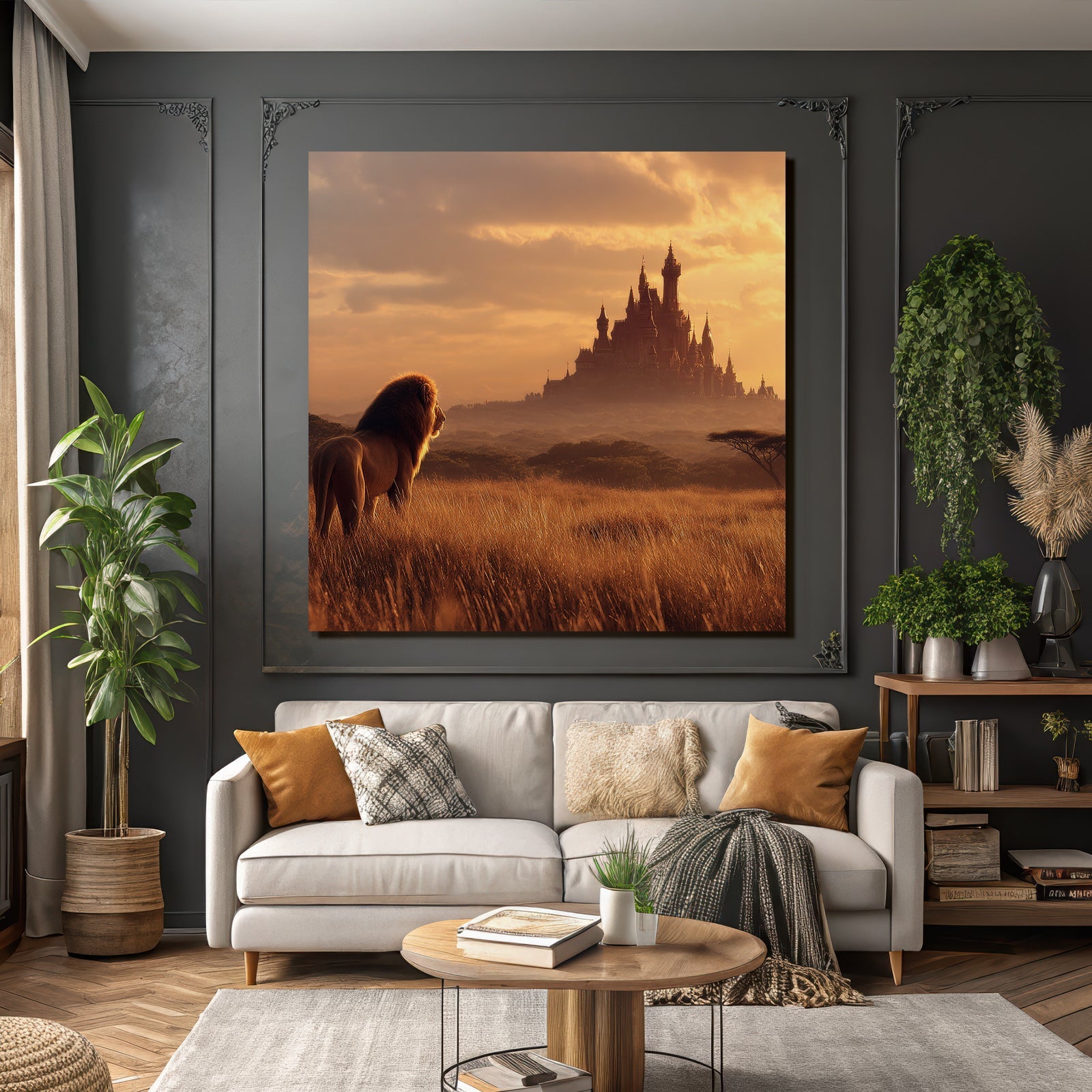 Majestic Lion Looking Towards A Castle At Sunset In Open Landscape
