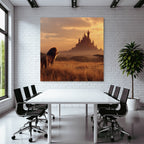 Majestic Lion Looking Towards A Castle At Sunset In Open Landscape