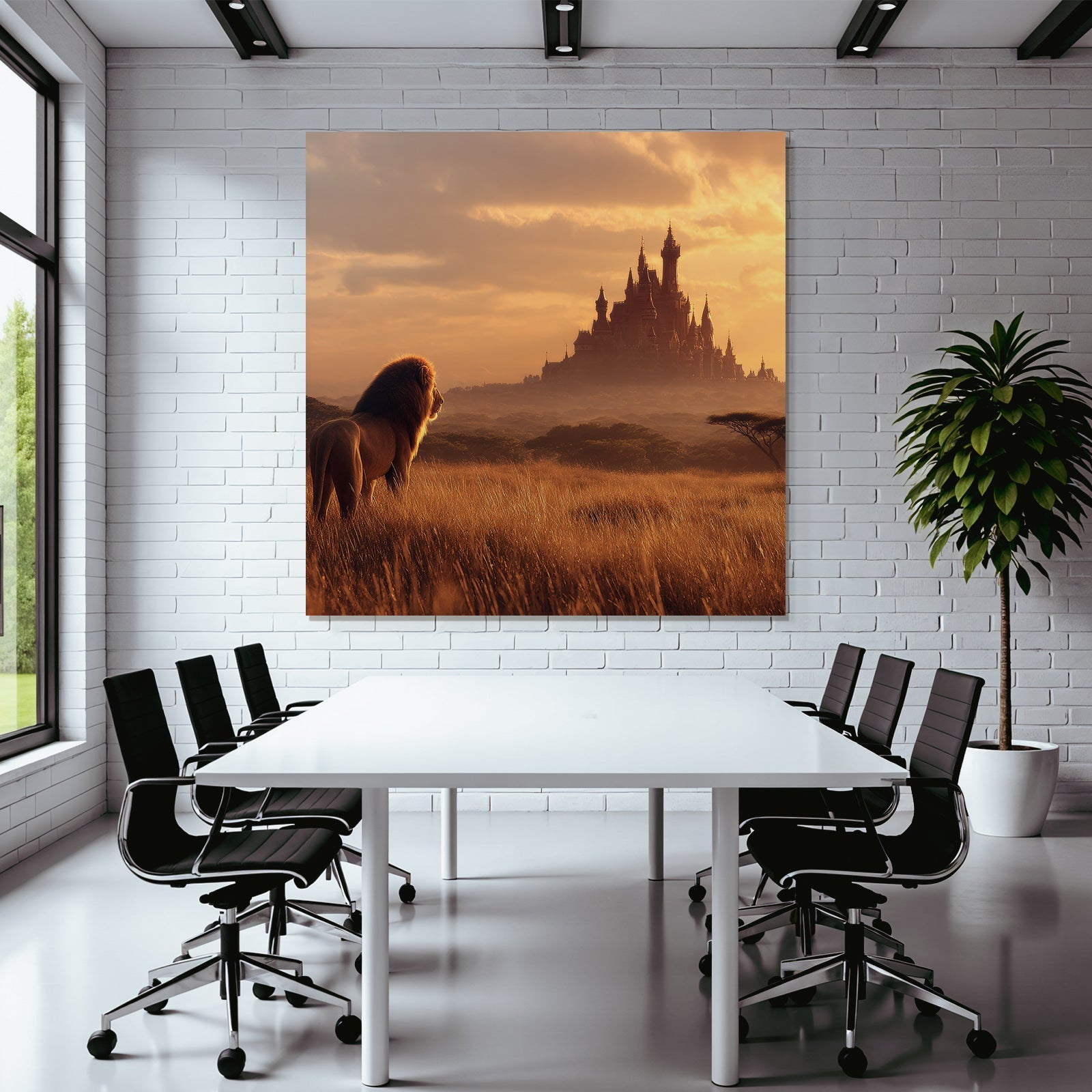 Majestic Lion Looking Towards A Castle At Sunset In Open Landscape