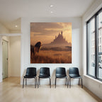 Majestic Lion Looking Towards A Castle At Sunset In Open Landscape