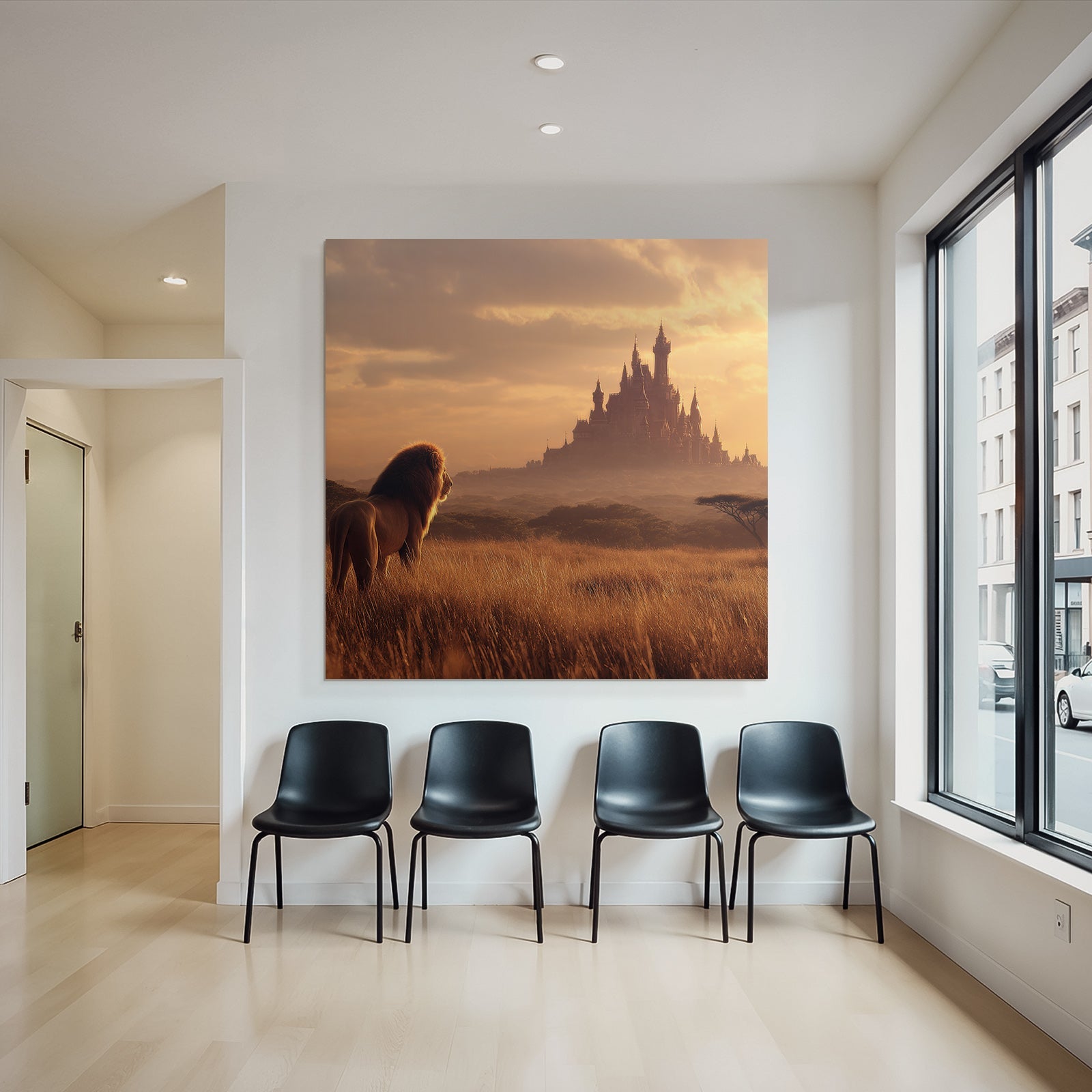 Majestic Lion Looking Towards A Castle At Sunset In Open Landscape