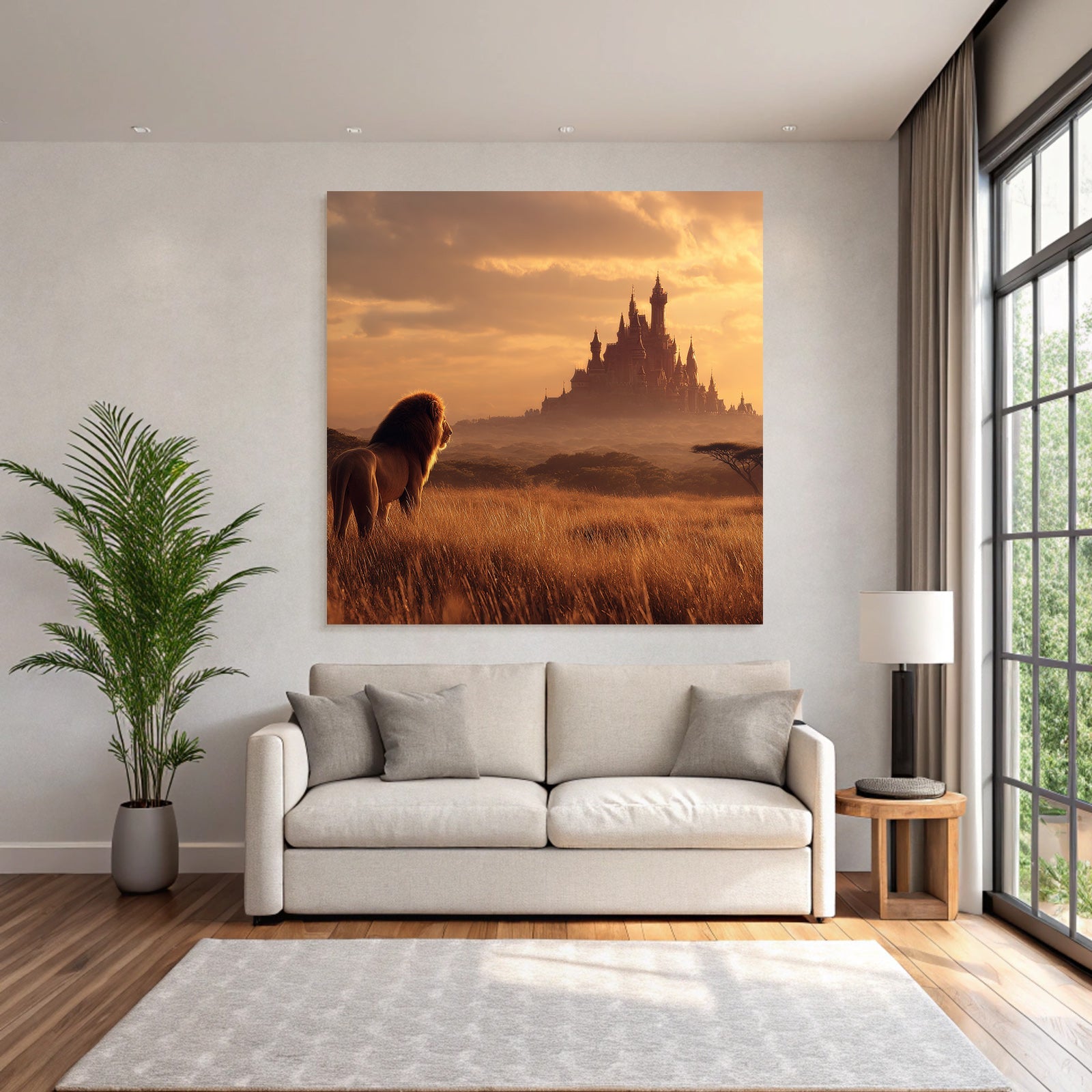 Majestic Lion Looking Towards A Castle At Sunset In Open Landscape