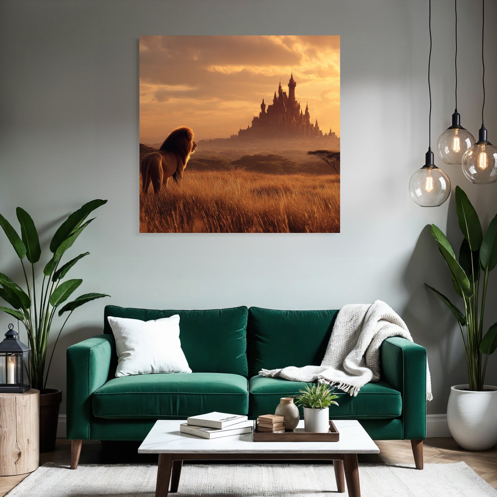 Majestic Lion Looking Towards A Castle At Sunset In Open Landscape