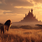 Majestic Lion Looking Towards A Castle At Sunset In Open Landscape | Safari und Wildtiere | Tiere