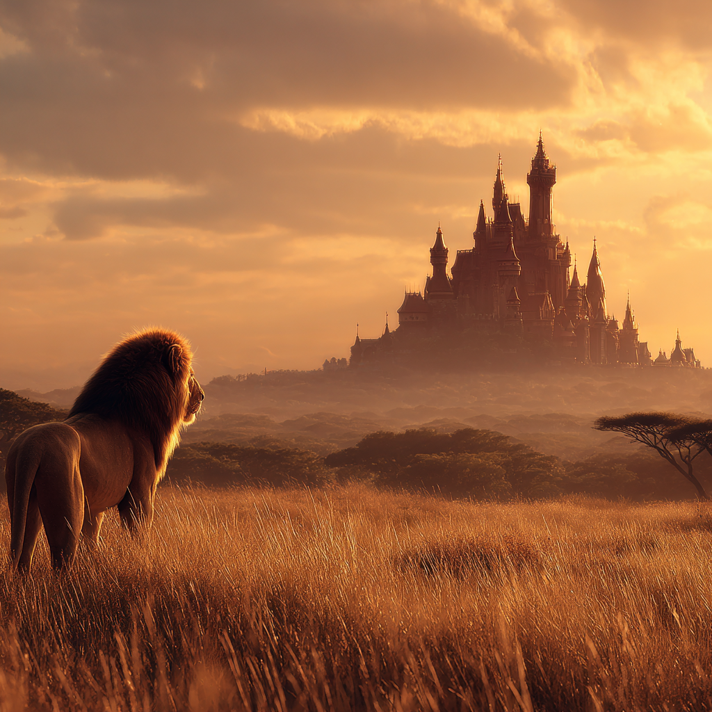 Majestic Lion Looking Towards A Castle At Sunset In Open Landscape | Safari und Wildtiere | Tiere