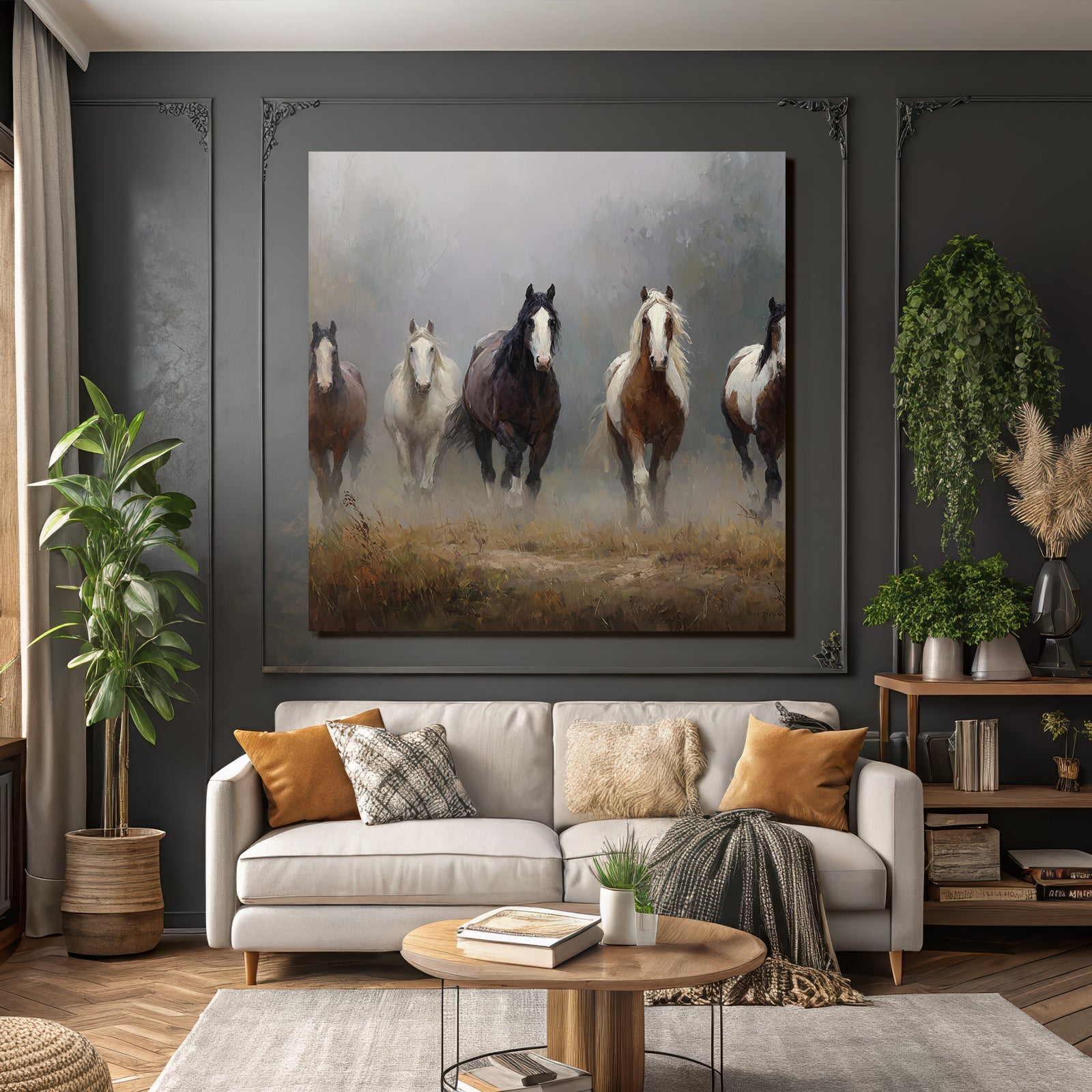 Pferde Im Nebelhafte Landschaft Bewegung Kunst Qualität