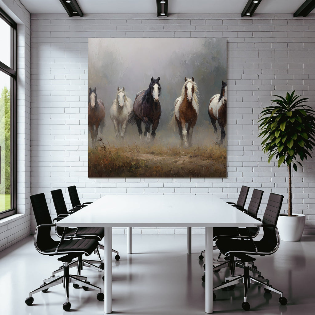 Pferde Im Nebelhafte Landschaft Bewegung Kunst Qualität