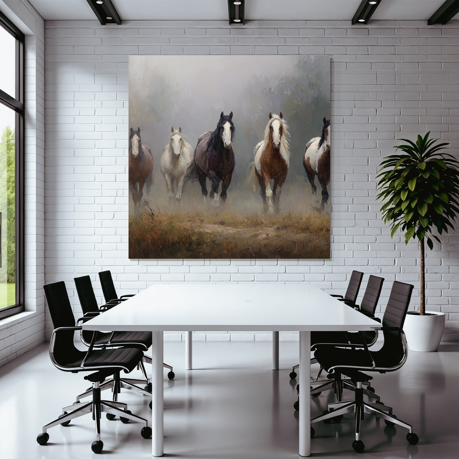 Pferde Im Nebelhafte Landschaft Bewegung Kunst Qualität