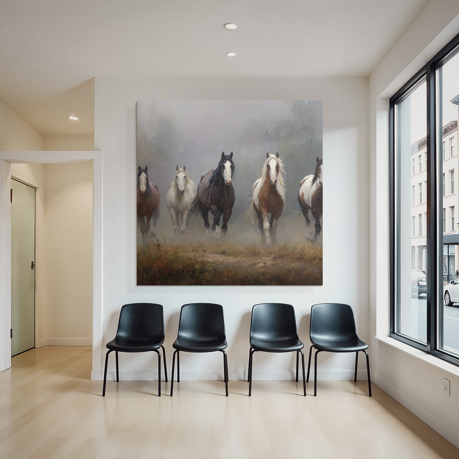 Pferde Im Nebelhafte Landschaft Bewegung Kunst Qualität
