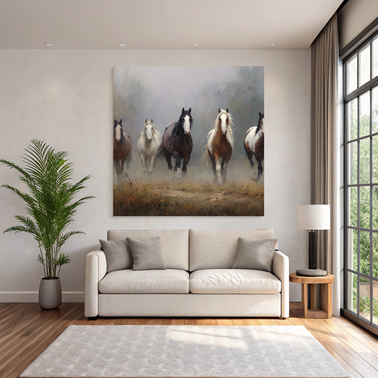 Pferde Im Nebelhafte Landschaft Bewegung Kunst Qualität