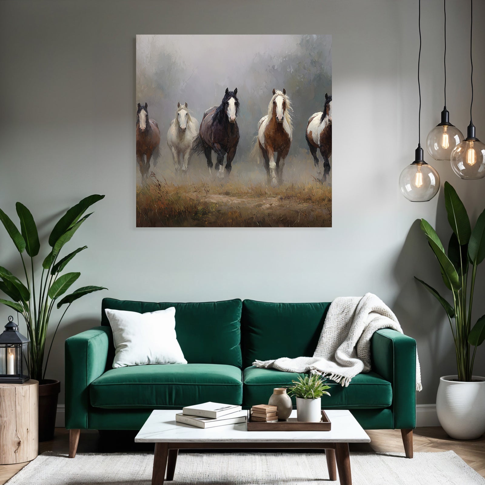 Pferde Im Nebelhafte Landschaft Bewegung Kunst Qualität