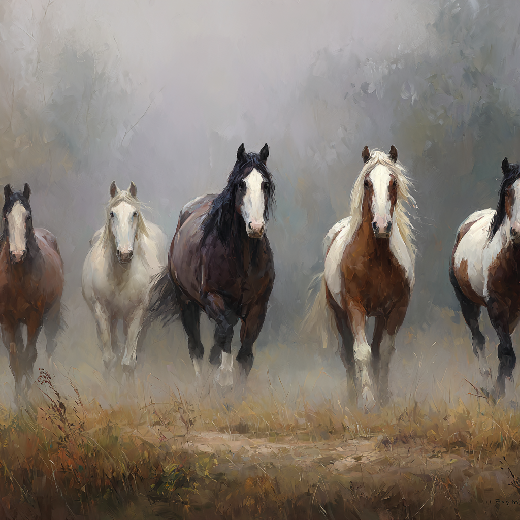 Pferde Im Nebelhafte Landschaft Bewegung Kunst Qualität | Safari und Wildtiere | Tiere