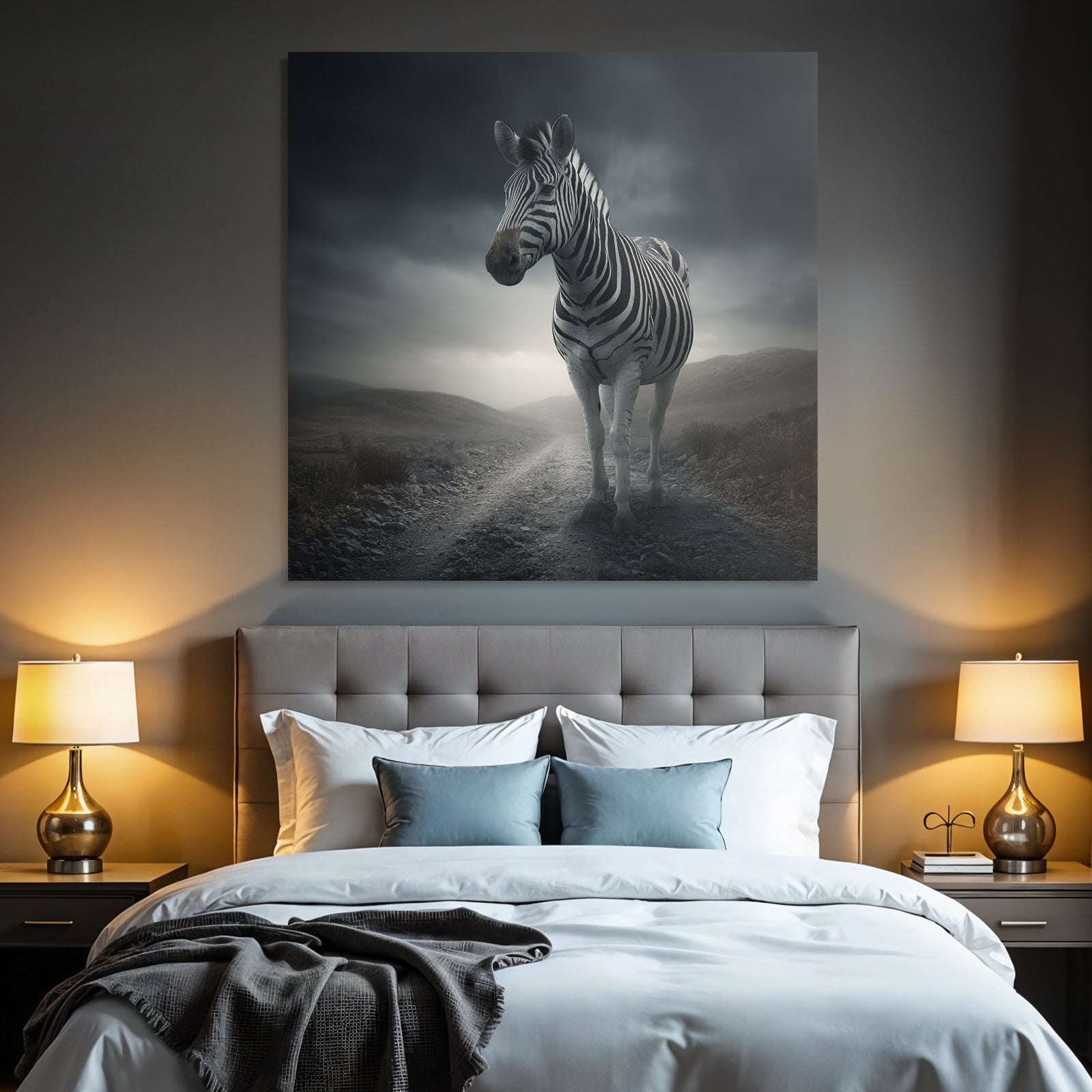 Zebra Auf Einem Erdweg Mit Dramatischem Himmel