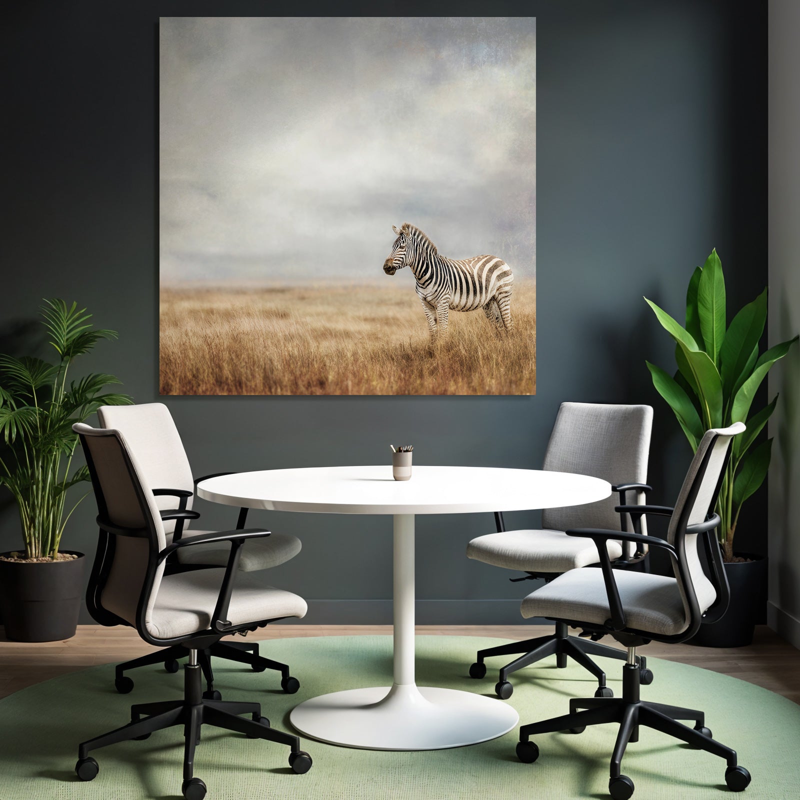 Zebra in open landscape with cloudy sky