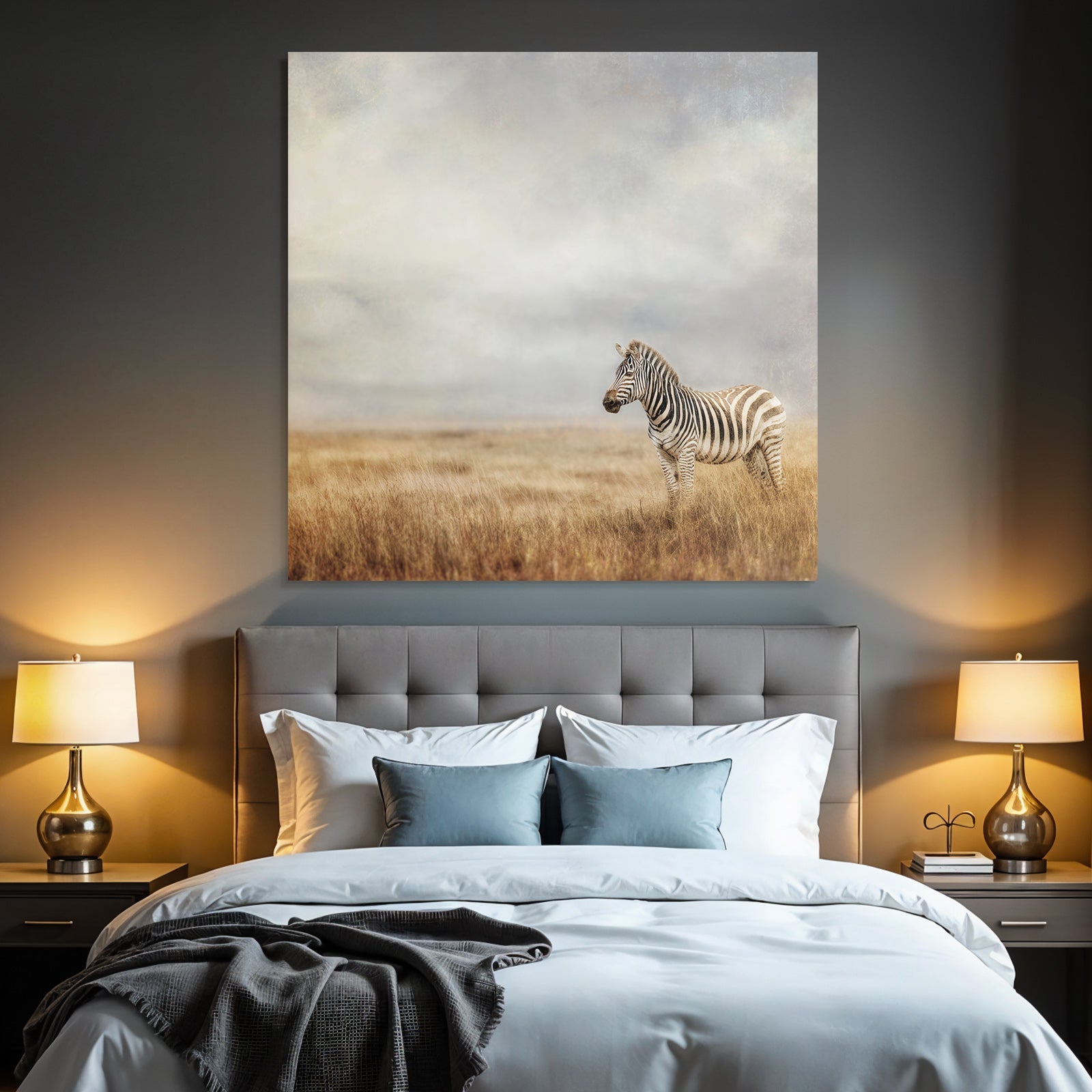 Zebra in open landscape with cloudy sky