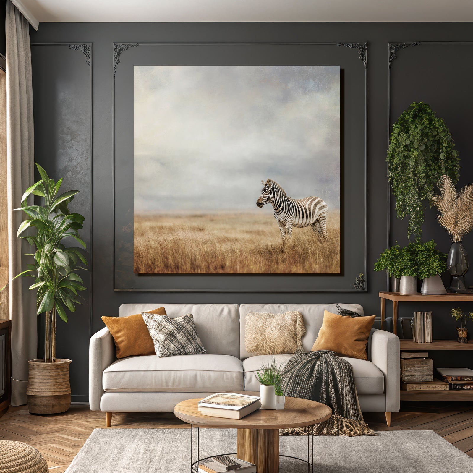 Zebra in open landscape with cloudy sky