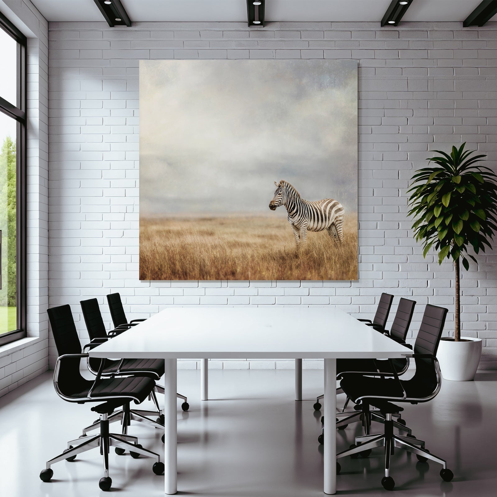 Zebra in open landscape with cloudy sky