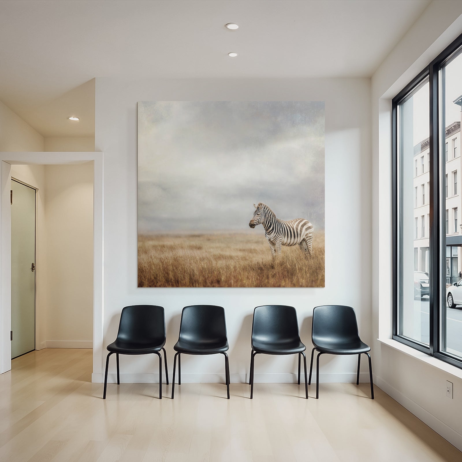 Zebra in open landscape with cloudy sky