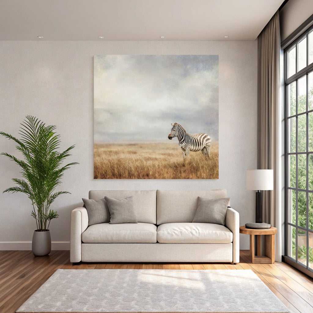 Zebra In Offenem Landschaft Mit Wolkigem Himmel