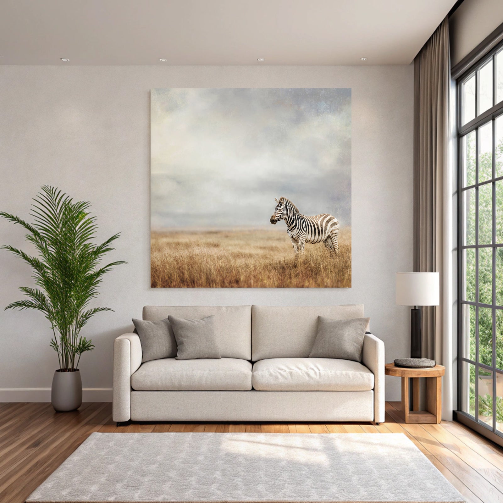 Zebra in open landscape with cloudy sky