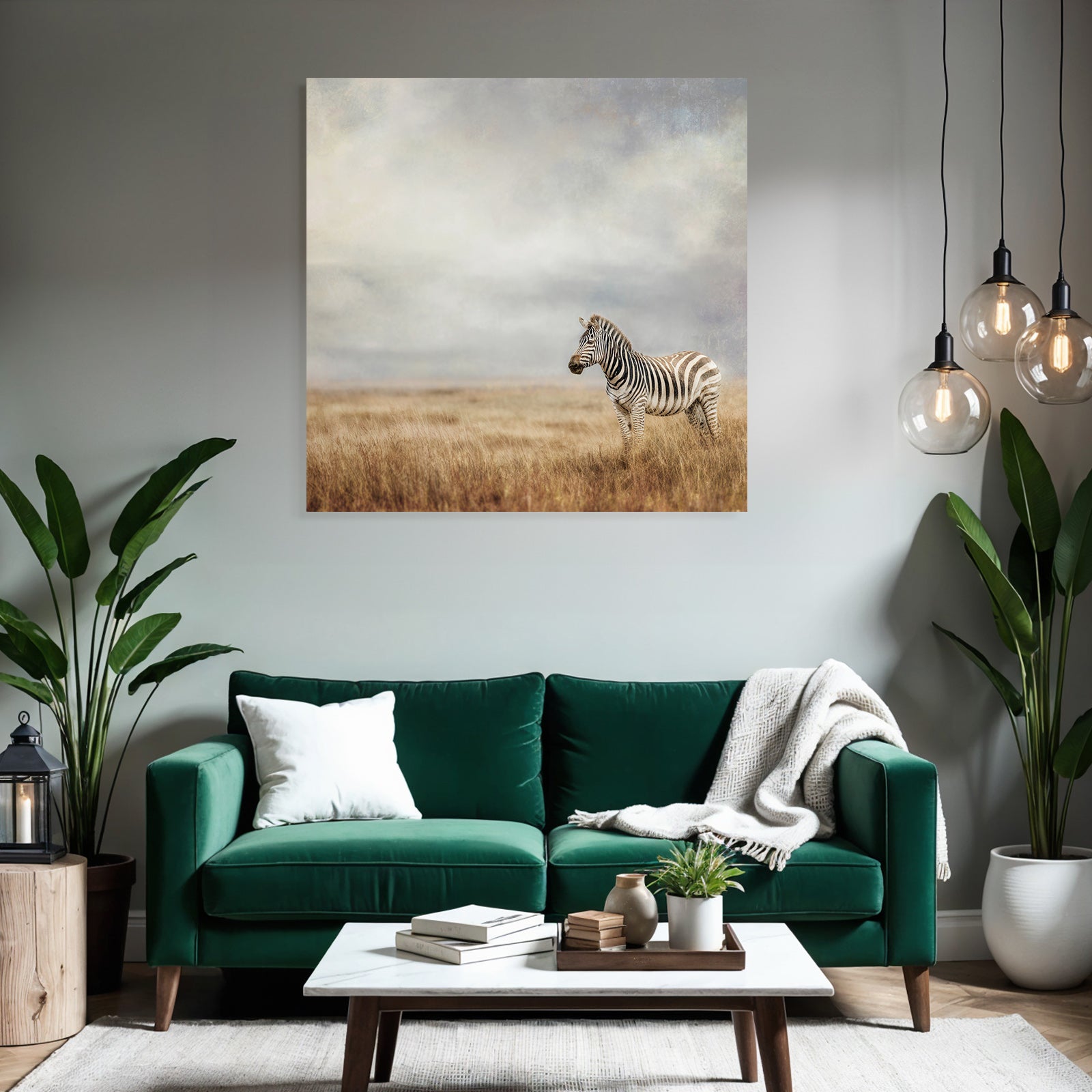 Zebra in open landscape with cloudy sky