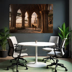 Löwe Im Bogen Mit Architektonischen Säulen Und Hintergrundlandschaft
