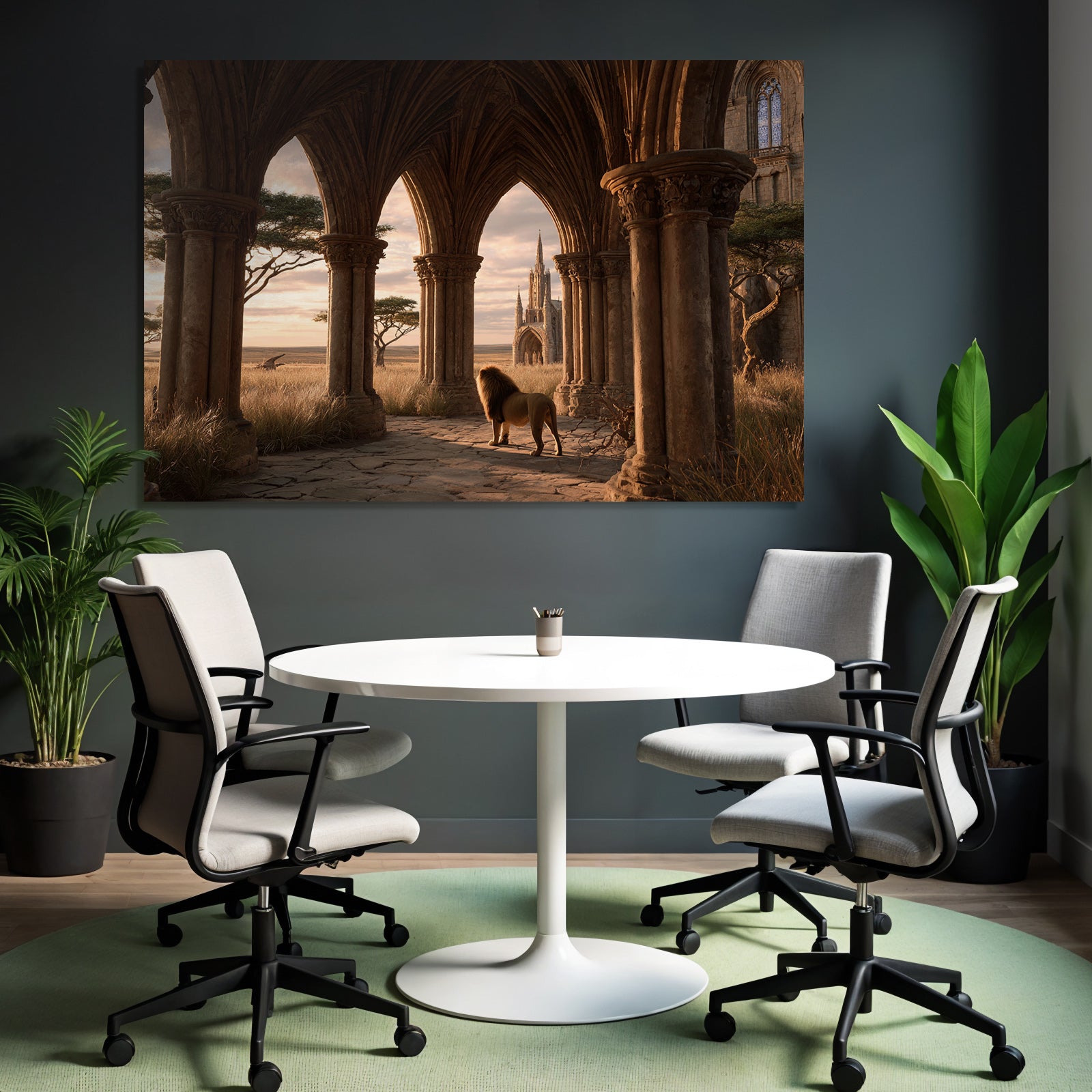Löwe Im Bogen Mit Architektonischen Säulen Und Hintergrundlandschaft
