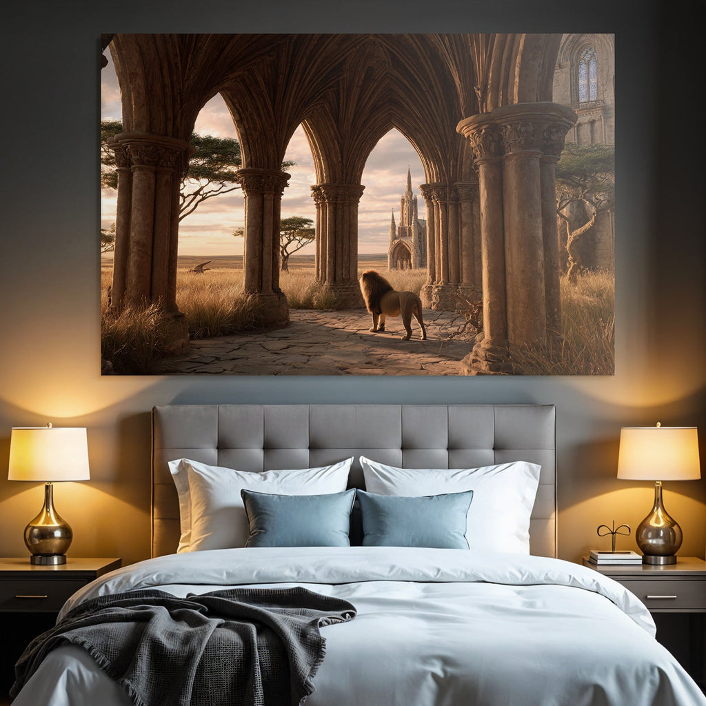 Löwe Im Bogen Mit Architektonischen Säulen Und Hintergrundlandschaft