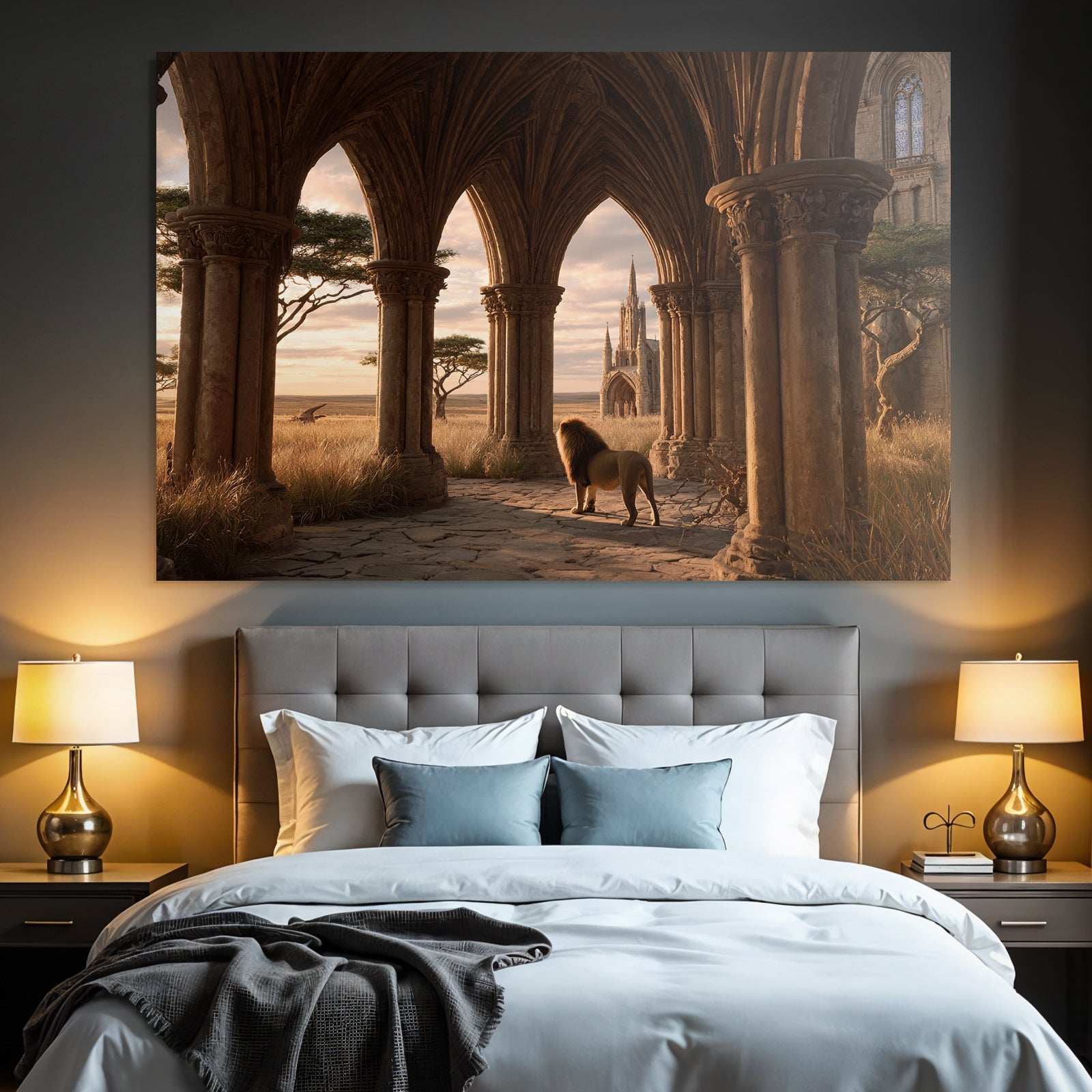 Löwe Im Bogen Mit Architektonischen Säulen Und Hintergrundlandschaft