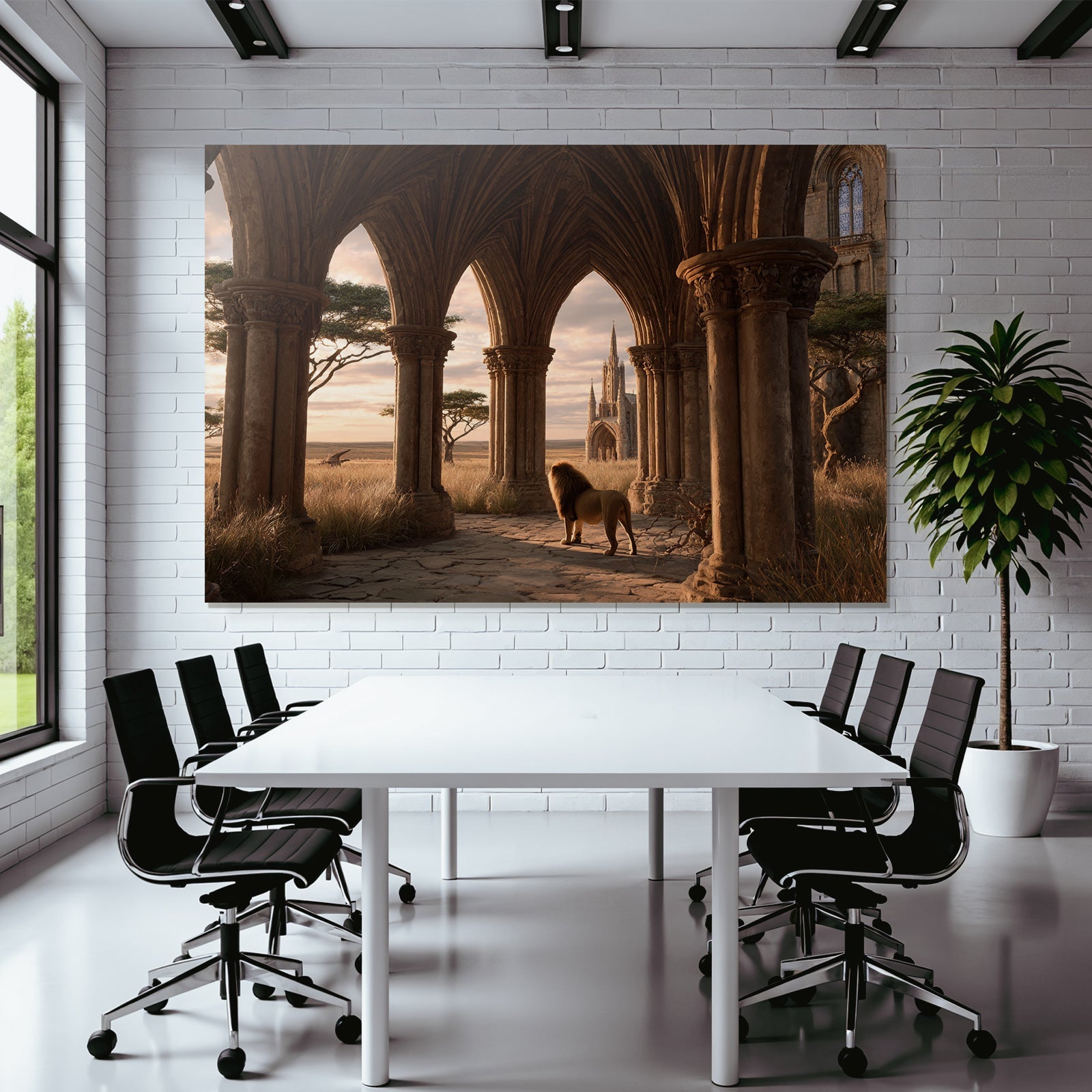Löwe Im Bogen Mit Architektonischen Säulen Und Hintergrundlandschaft