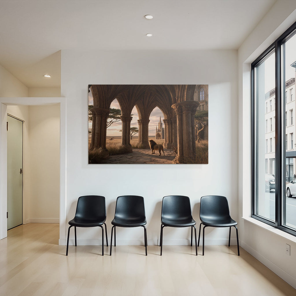Löwe Im Bogen Mit Architektonischen Säulen Und Hintergrundlandschaft