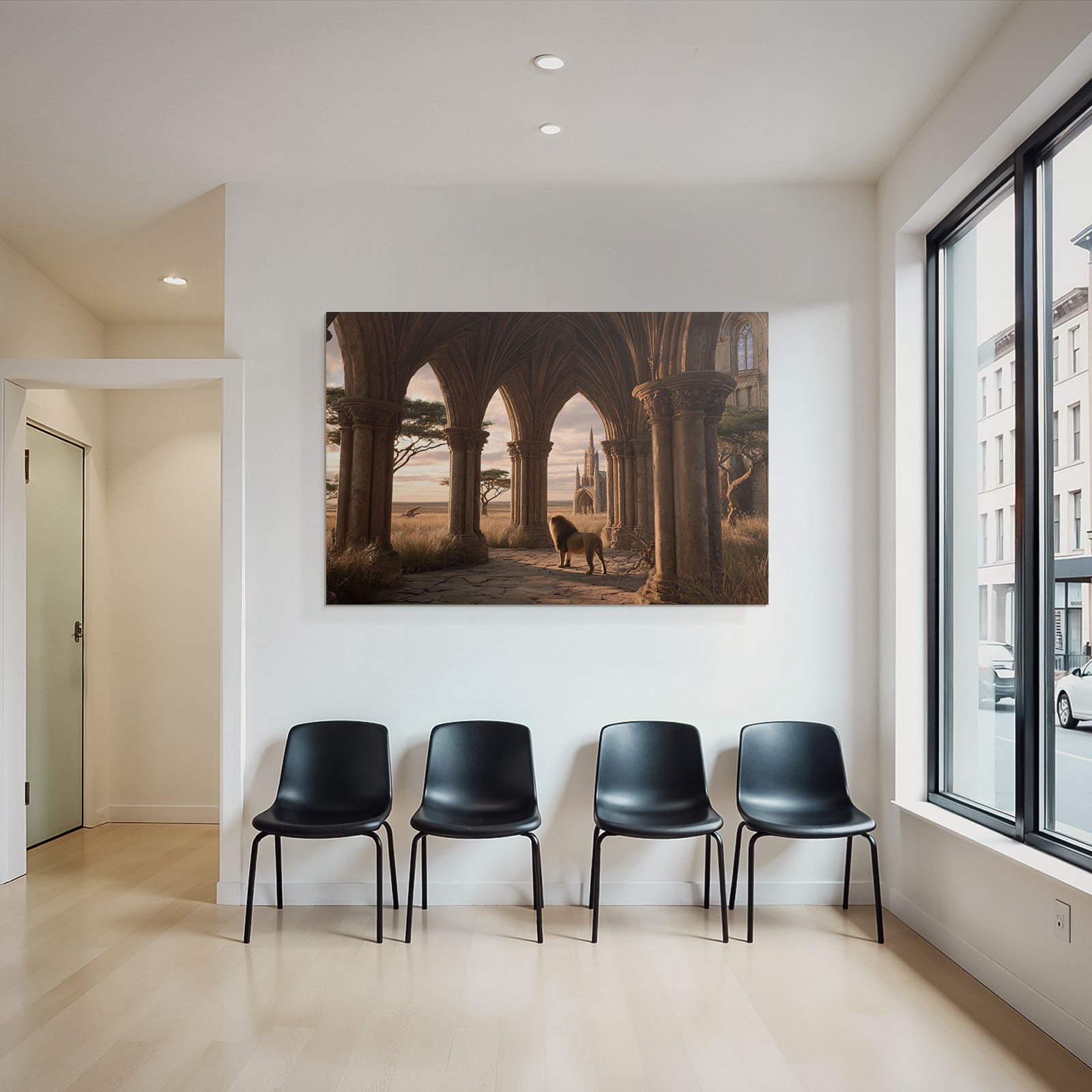 Löwe Im Bogen Mit Architektonischen Säulen Und Hintergrundlandschaft