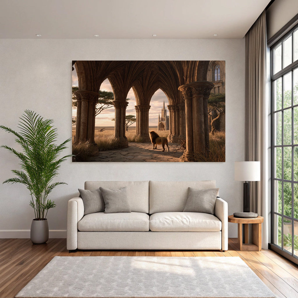 Löwe Im Bogen Mit Architektonischen Säulen Und Hintergrundlandschaft