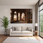 Löwe Im Bogen Mit Architektonischen Säulen Und Hintergrundlandschaft