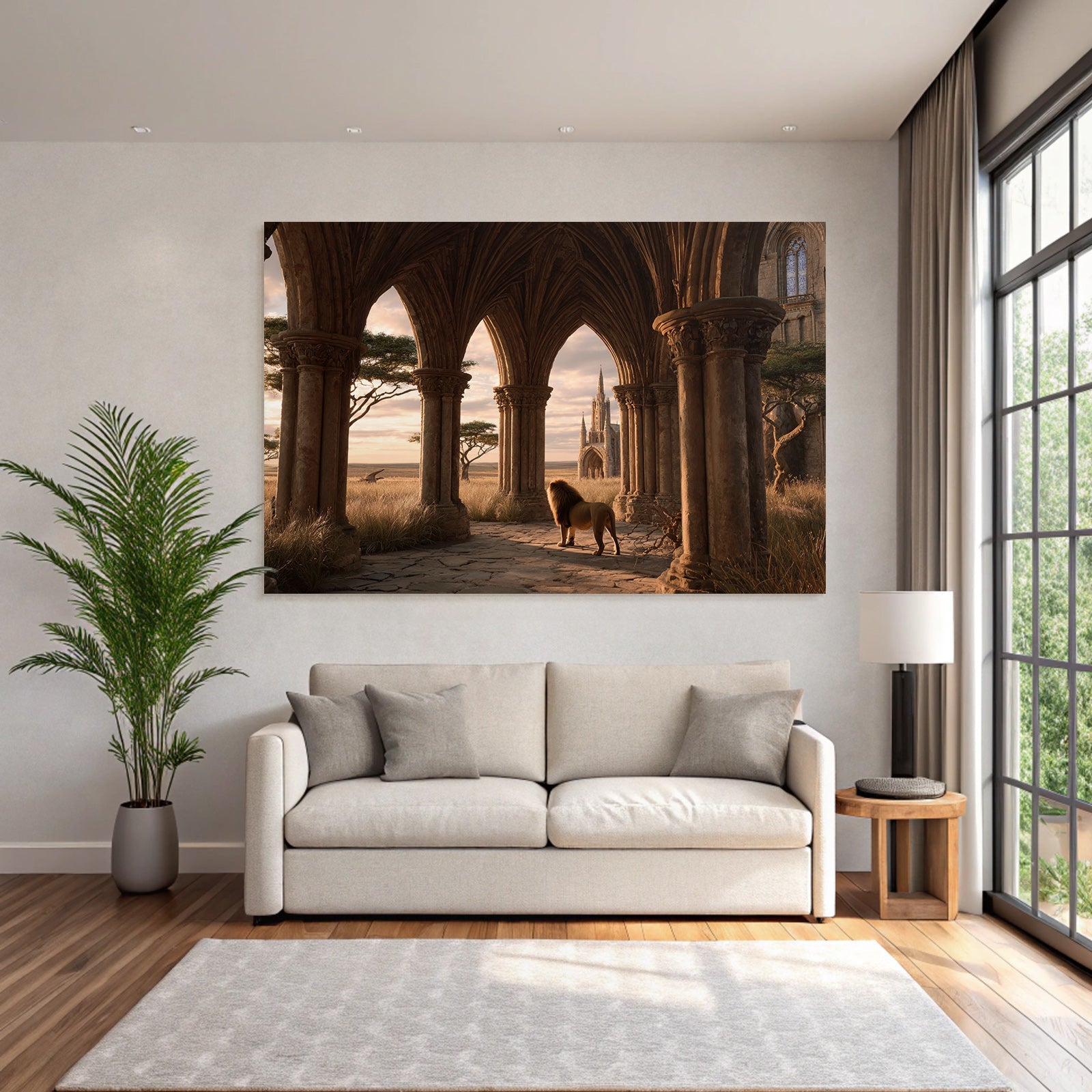 Löwe Im Bogen Mit Architektonischen Säulen Und Hintergrundlandschaft