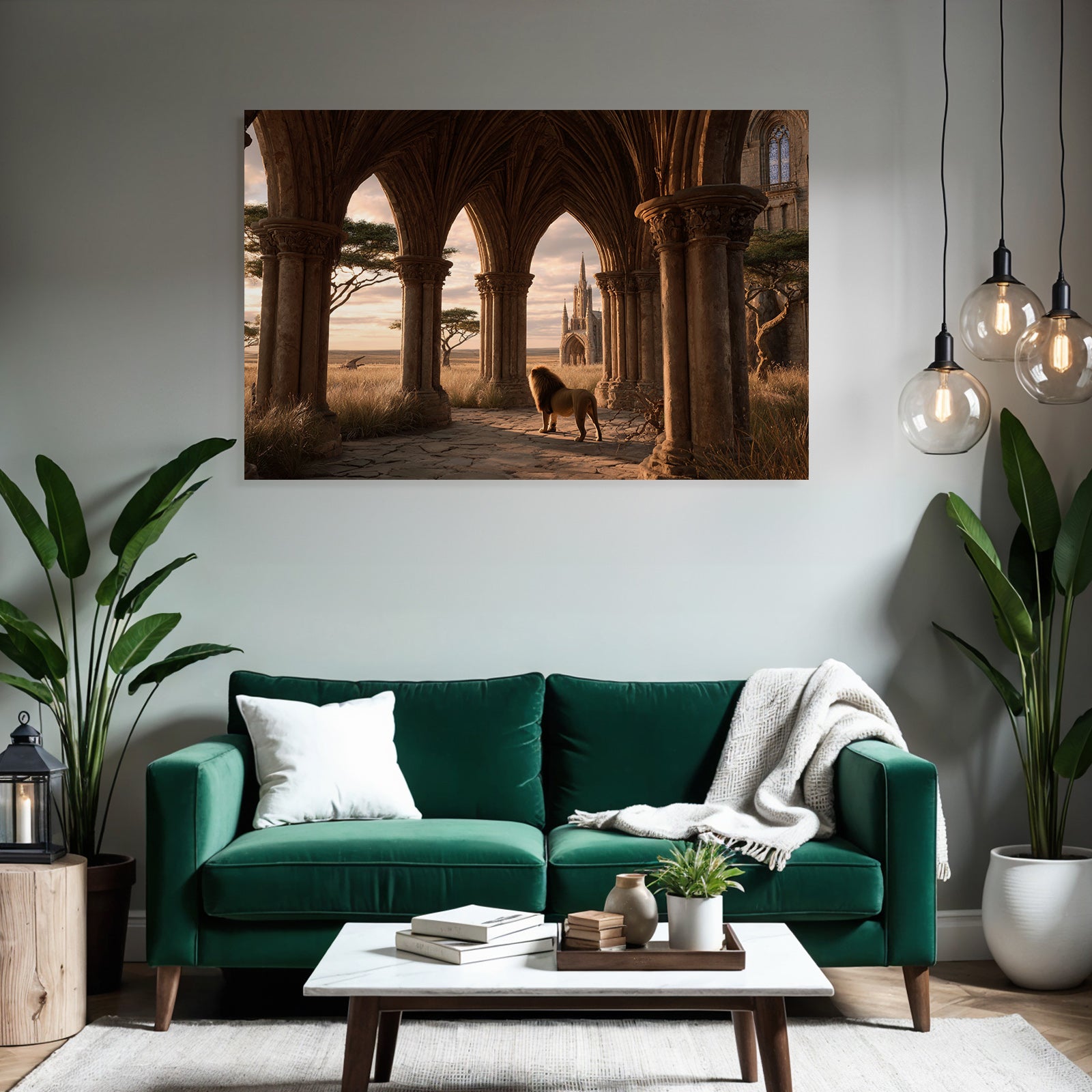 Löwe Im Bogen Mit Architektonischen Säulen Und Hintergrundlandschaft