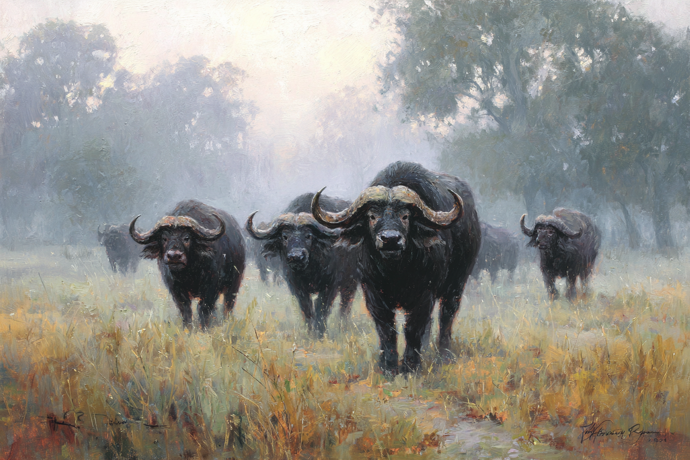 Buffel In Nebliger Landschaft Mit Grasbewegung | Safari und Wildtiere | Tiere