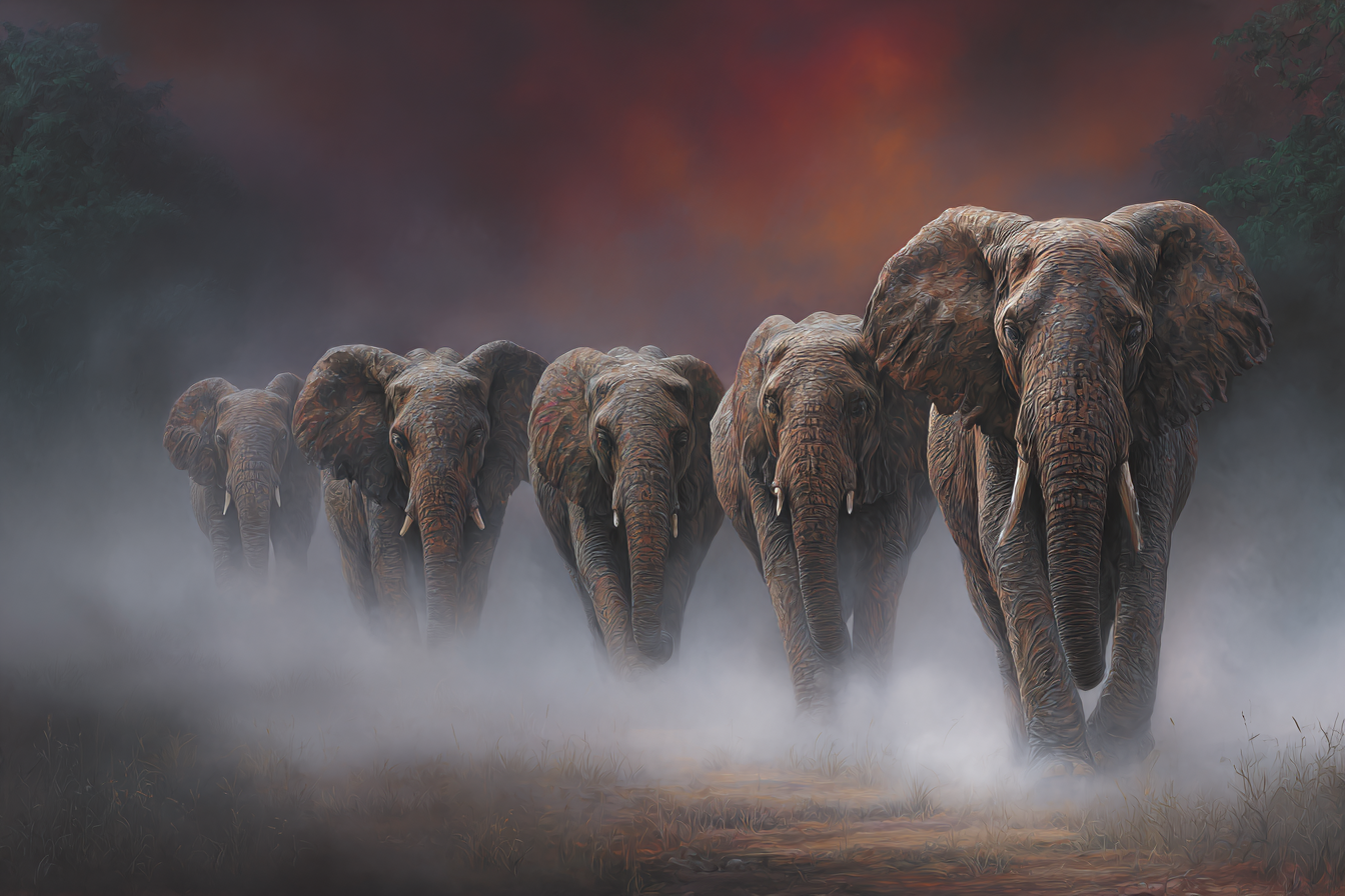 Elefanten Im Nebel Mit Farbigen Himmel | Safari und Wildtiere | Tiere