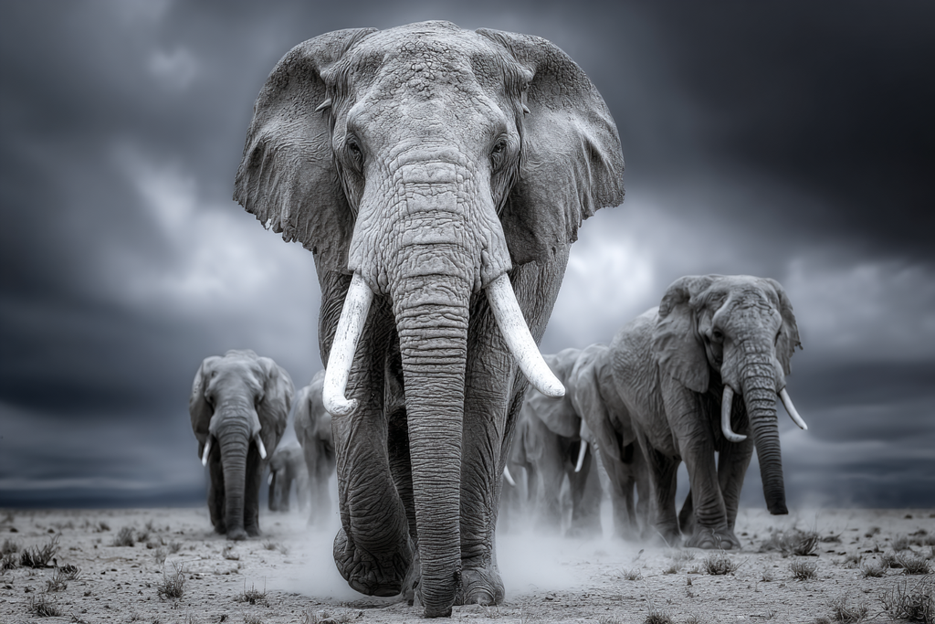Elefanten In Der Wüste Mit Dramatischen Wolken | Safari und Wildtiere | Tiere
