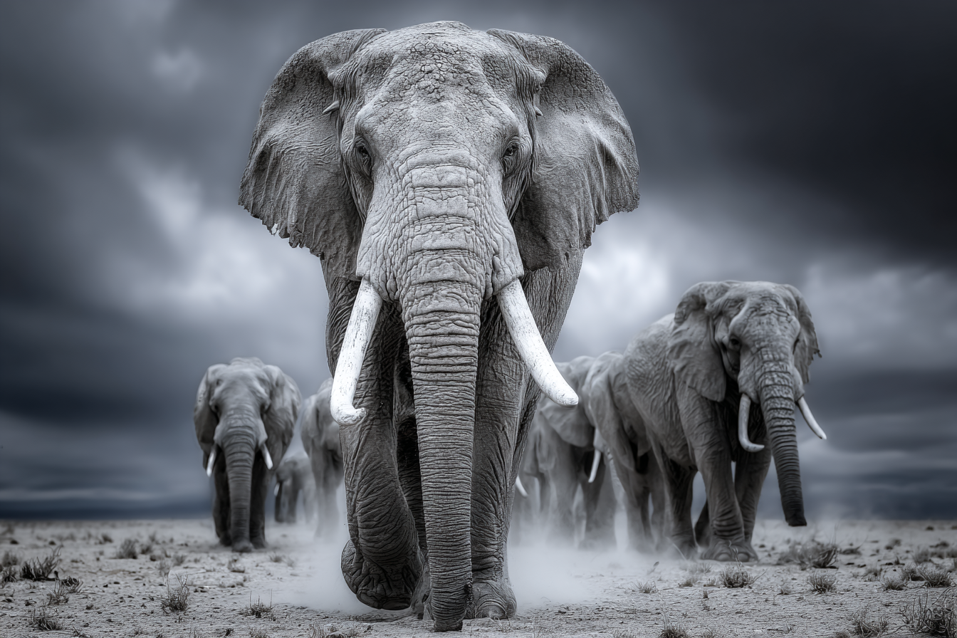 Elefanten In Der Wüste Mit Dramatischen Wolken | Safari und Wildtiere | Tiere
