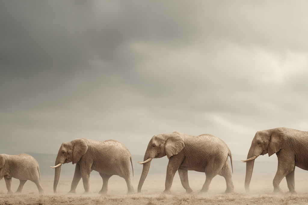 Elefanten In Reihe Unter Dem Wolkigen Himmel | Safari und Wildtiere | Tiere