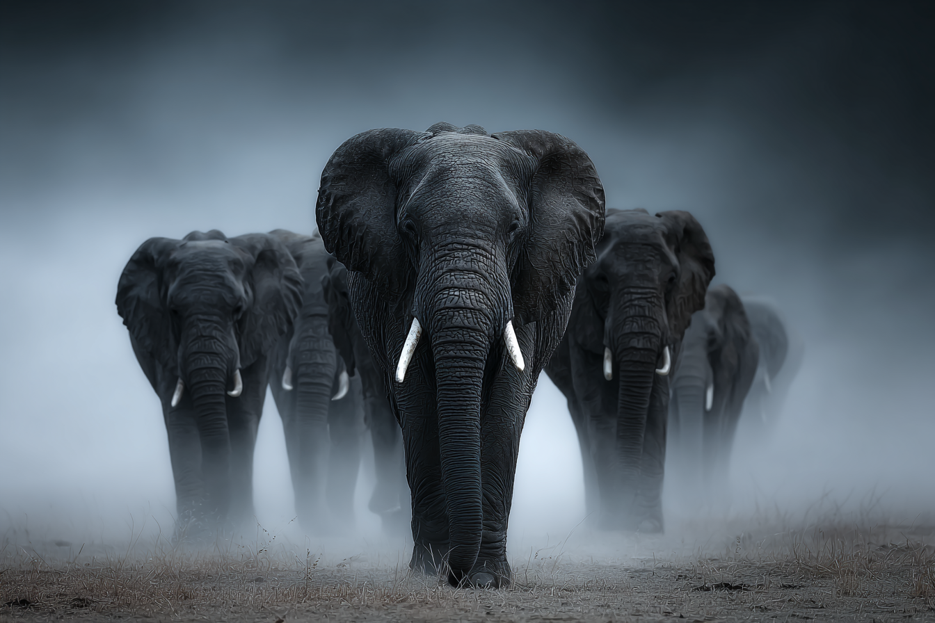Elefanten Mit Nebel Im Marschen Szenario | Safari und Wildtiere | Tiere
