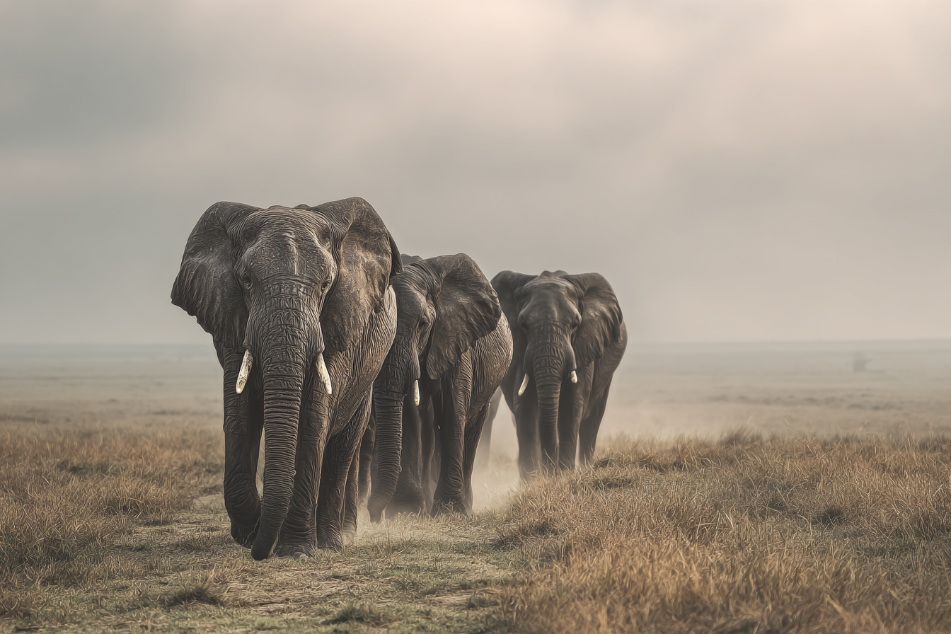Elefanten Spazieren Durch Die Graslandschaft In Nebeligem Licht | Safari und Wildtiere | Tiere