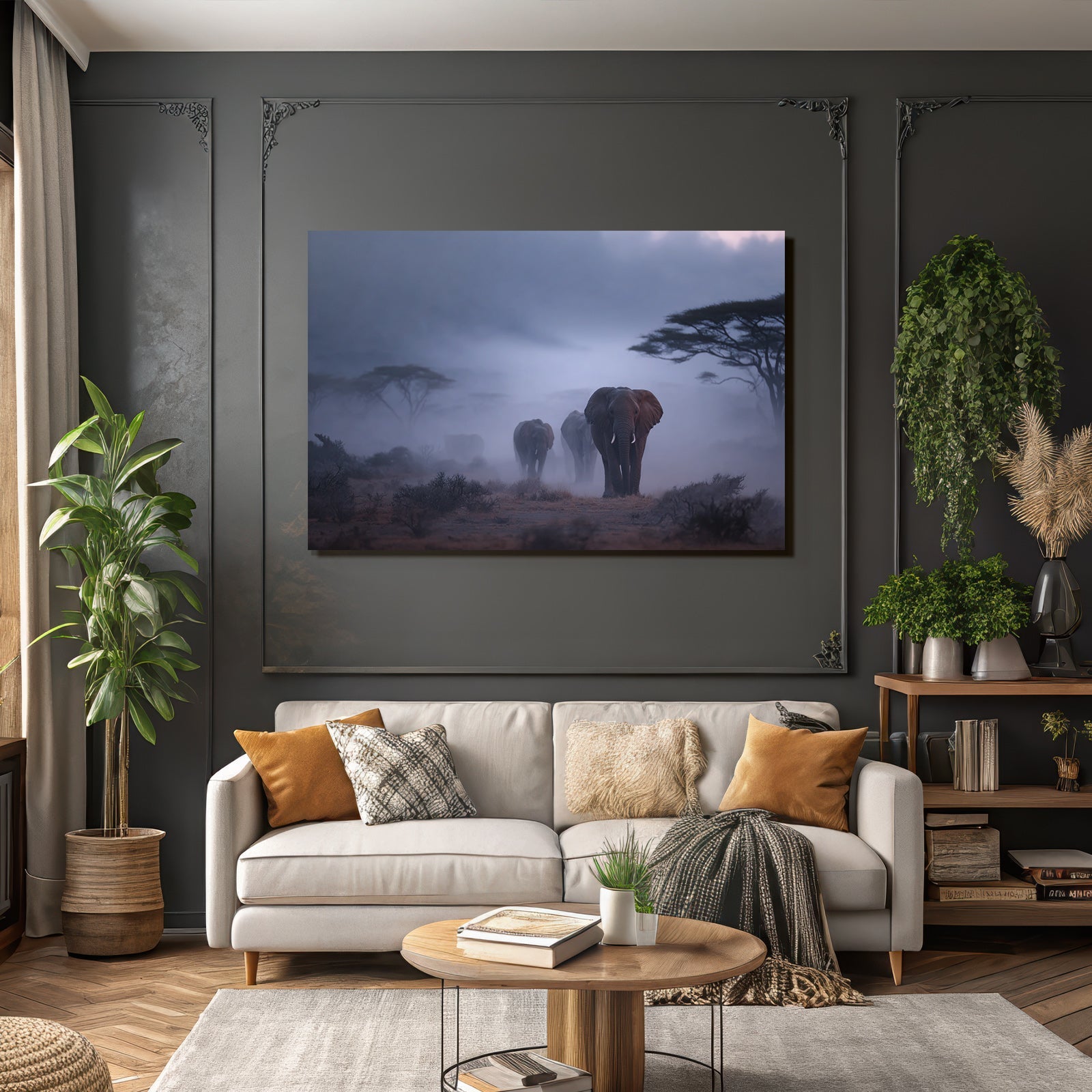 Elefantenherde In Nebliger Landschaft Morgendliche Stimmung