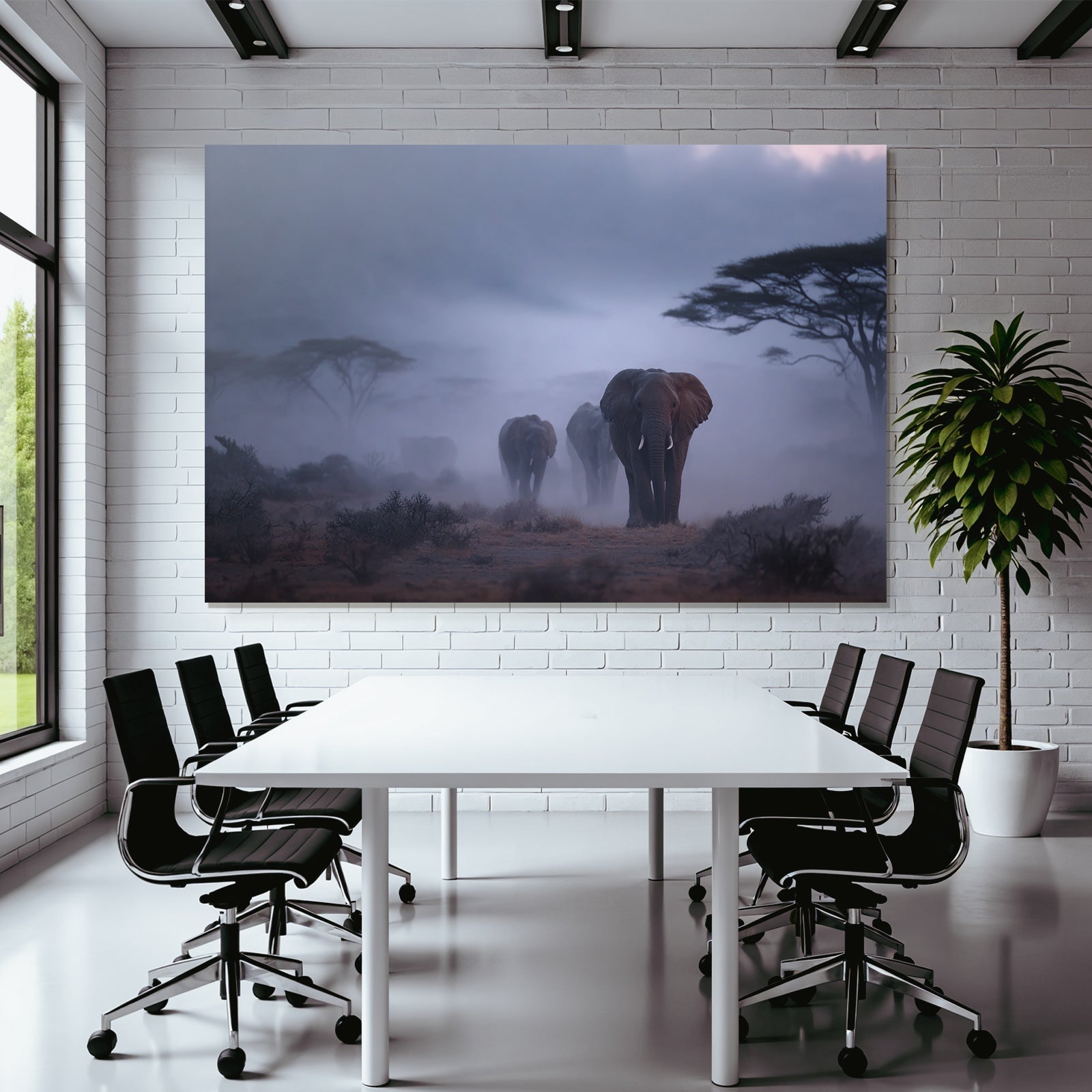 Elefantenherde In Nebliger Landschaft Morgendliche Stimmung